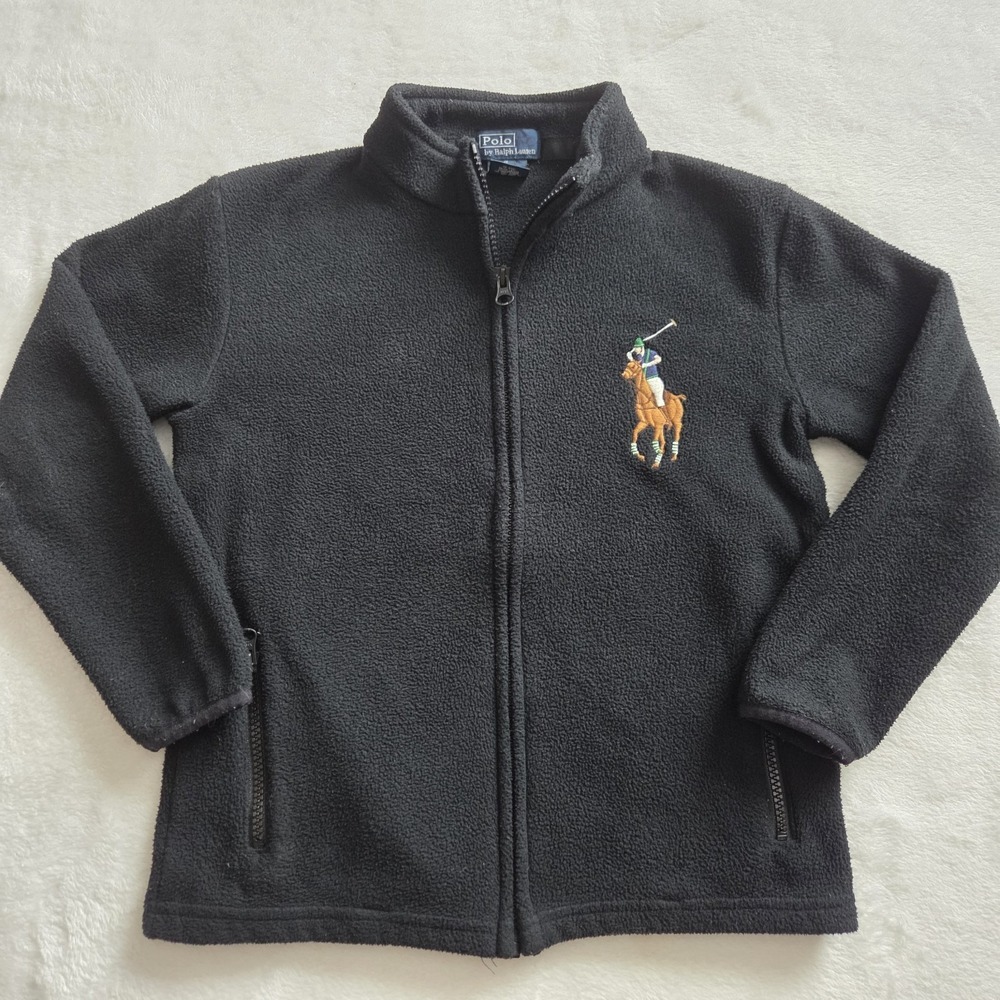 Vintage 90s Polo Ralph Lauren Fleece Jacket Kids Size 7 Black Full Zip‎ Big Pony